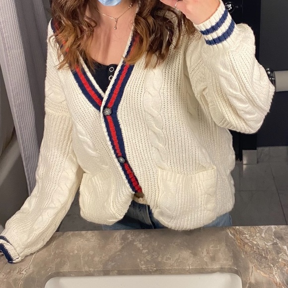 American Eagle Outfitters Tops - AMERICAN EAGLE BUTTON UP- Cream, Navy & Red